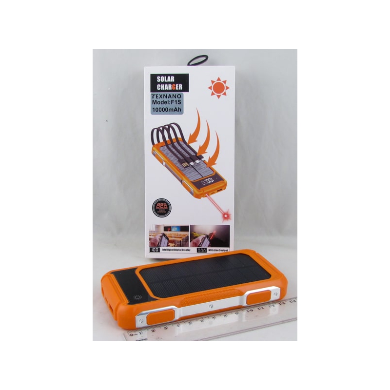 PowerBank 1USB F-1S оранжевый 10000mAh TYPE-C/Micro/Lightning/USB с лазером, солнеч. батар.