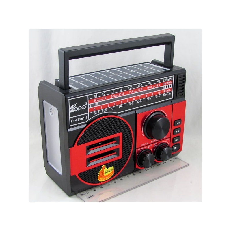 Радиоприёмник FP-259BT-S (FM/AM/SW) USB, TF, 18650/2R20, microUSB, фонарь, солнеч. батар., Bluetooth