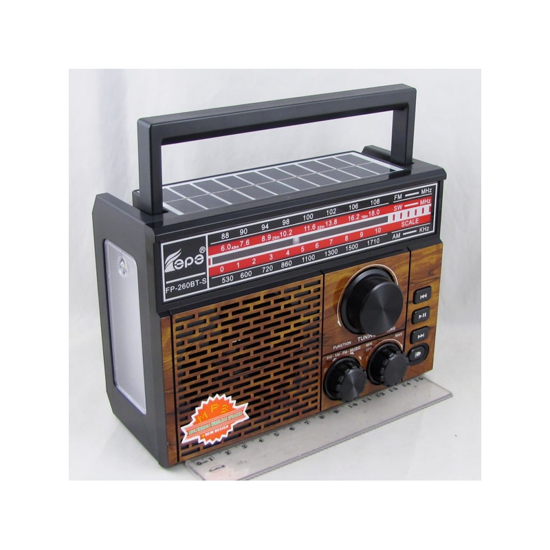 Радиоприёмник FP-260BT-S (FM/AM/SW) USB, TF, 18650/2R20, microUSB, фонарь, солнеч. батар., Bluetooth