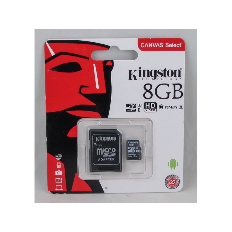 Карта памяти microSD Kingston 8Gb с адаптером SD, класс 10