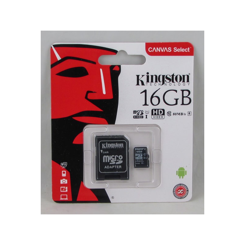 Карта памяти microSD Kingston 16Gb с адаптером SD, класс 10