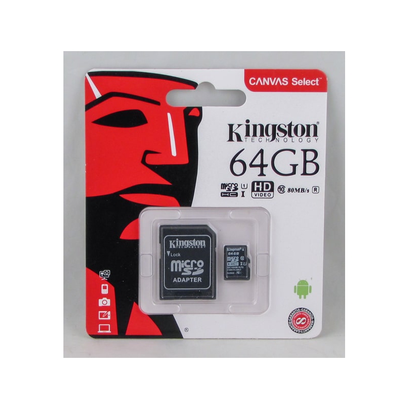 Карта памяти microSD Kingston 64Gb с адаптером SD, класс 10