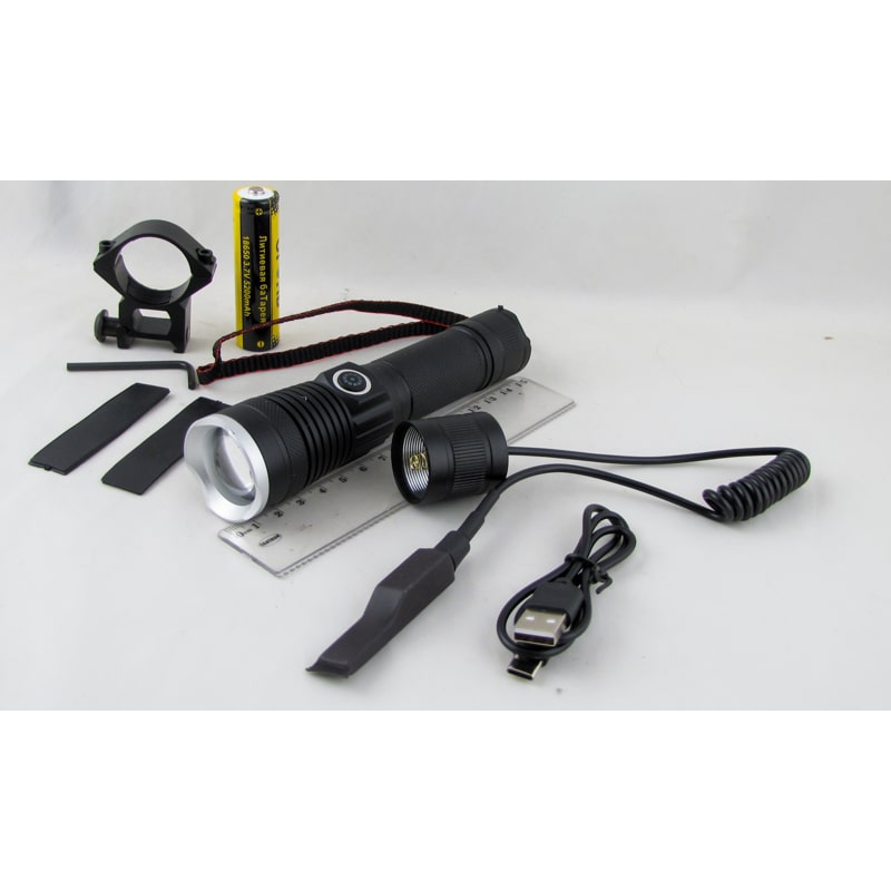 Фонарь светодиодный HQ-203-TG (1 мощ., акк.+ шнур microUSB (на ружье) zoom ??