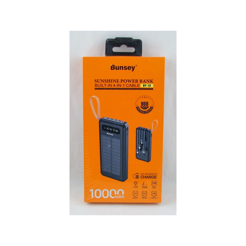 PowerBank 1USB BY-13 черный 10000mAh TYPE-C/Micro/Lightning/USB 4в1 дисплей, фонарик, солнечная бата