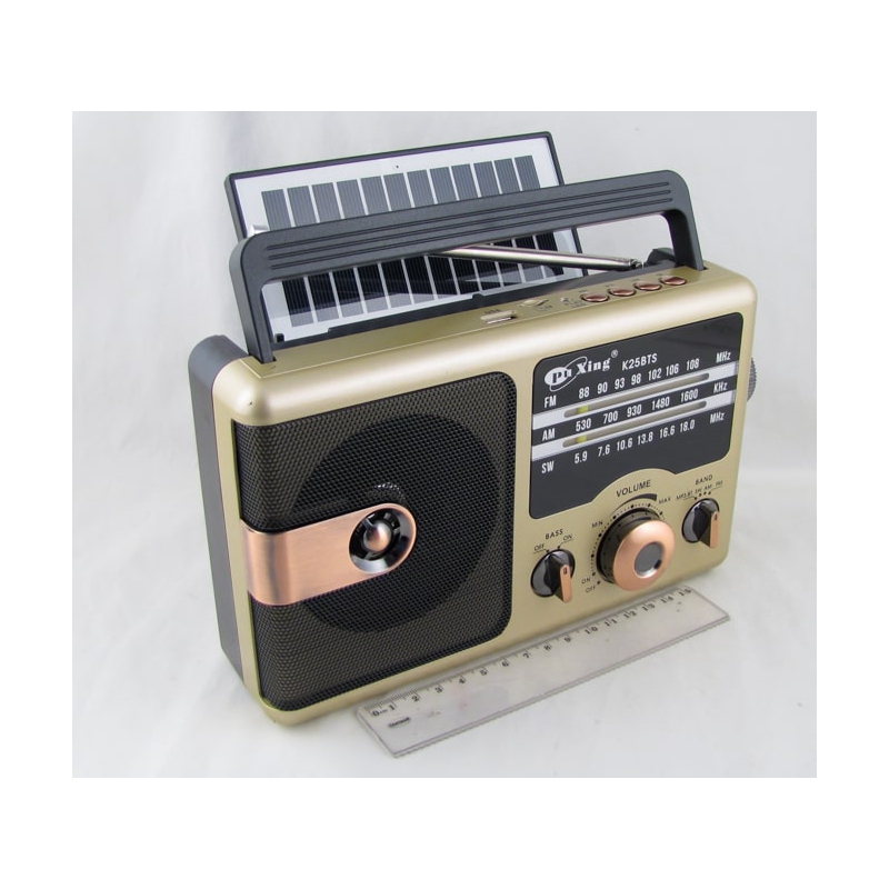 Радиоприемник K-25BTS (FM/AM/SW) USB, TF, аккум.18650, шнур TYPE-C, солнеч. батар., Bluetooth 