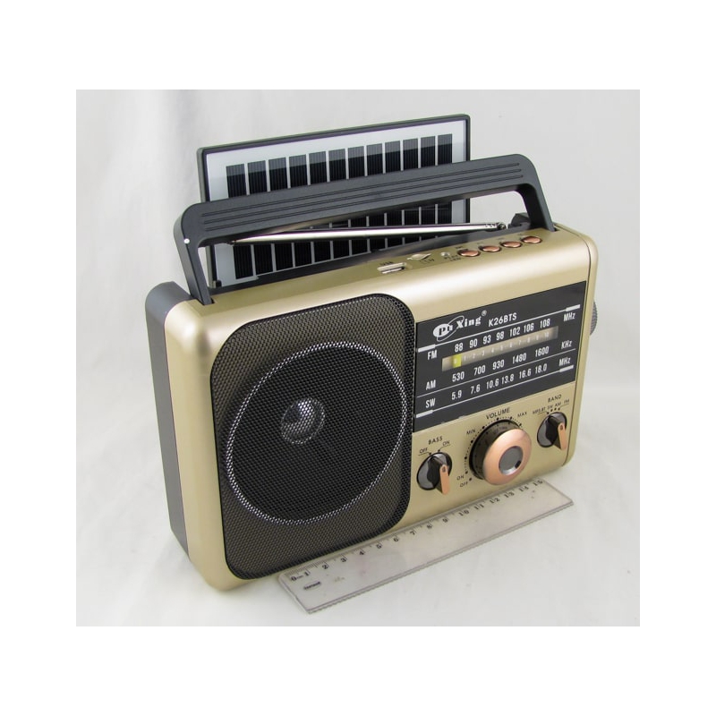 Радиоприемник K-26BTS (FM/AM/SW) USB, TF, аккум.18650, шнур TYPE-C, солнеч. батар., Bluetooth