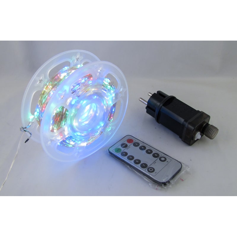 Гирлянда 100м (V-120м) (2мм) 8 реж. разноцветные (прозрачн. шнур) с пультом, на катушке