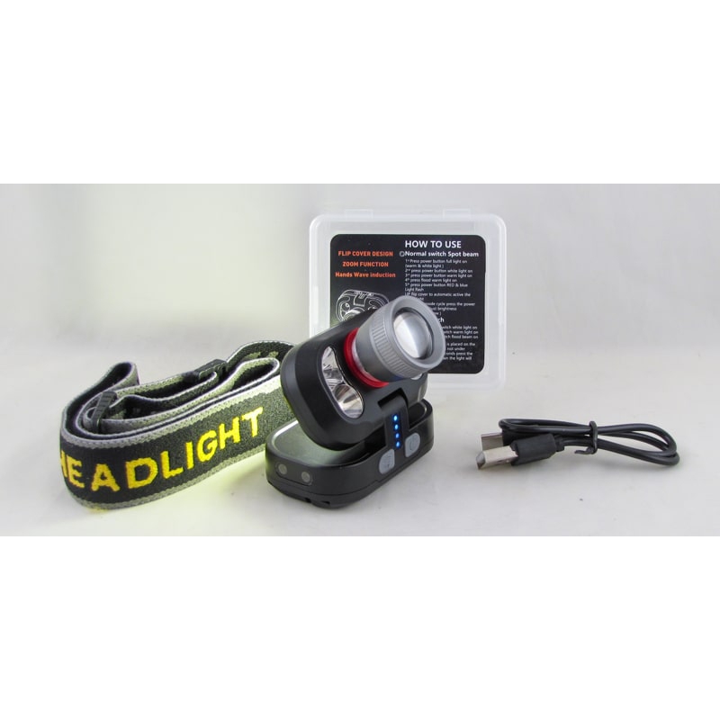 Фонарь головной YT-2076 (1 ярк., 2 желт., мигалка красн./ син., аккум., шнур TYPE-C ) с индикатором,