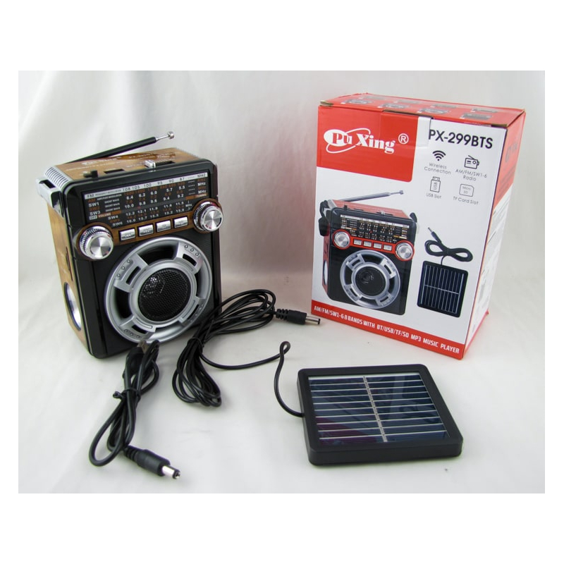 Радиоприёмник PX-299BT-S (FM,,AM,SW1/2/3) TF, USB встроен. аккум. солнеч. батар., фонарь, Bluetooth