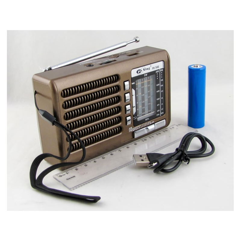 Радиоприёмник PX-54U (FM/AM/SW1-6) USB, TF, аккум. 18650, шнур microUSB, с фонарем