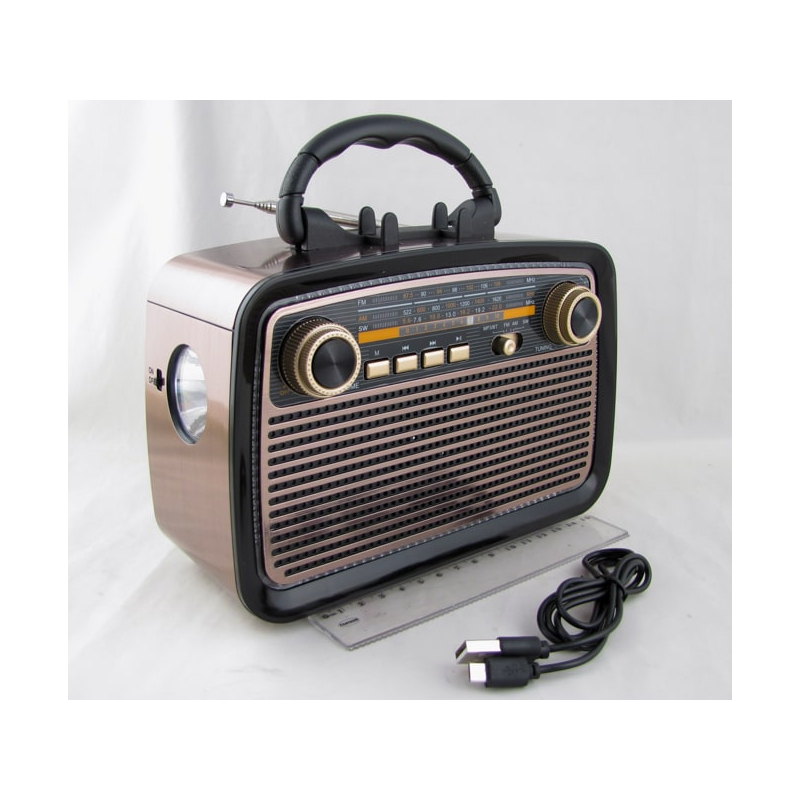 Радиоприёмник PX-1467 (FM/AM/SW) USB, TF, аккум. 18650, 2R20, шнур microUSB, с фонарем