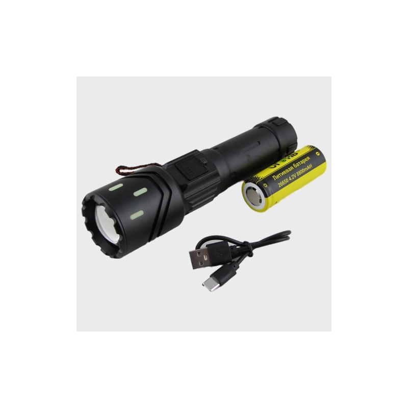Фонарь светодиодный H-3086-PM20-TG (1 мощ., акк.26650 + шнур TYPE-C) с индикатором, zoom