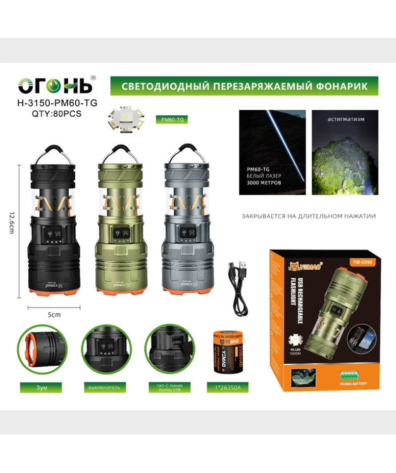 Фонарь светодиодный H-3150-PM60-TG (1 мощ., акк.26350, шнур TYPE-C, выход USB) цифр. индикатор, zoom
