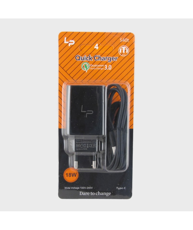Сетевое зарядное устройство с кабелем TYPE-C 5V 3,1A S-40T черный QC3.0 1USB быстр. зарядка