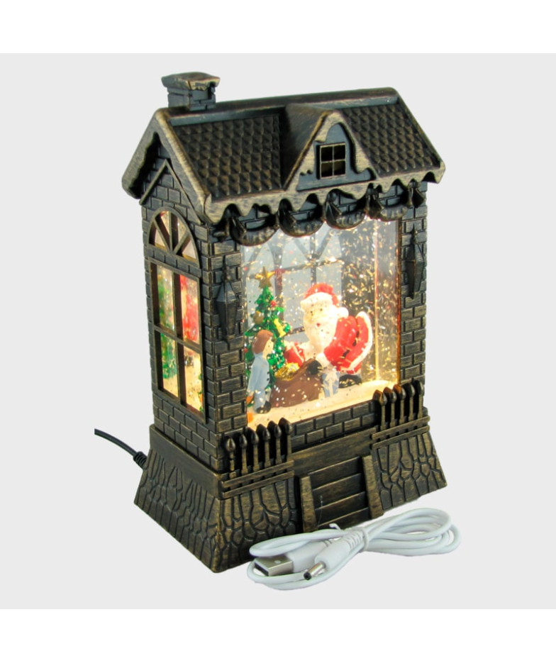 Новогодний фонарь  Домик коричневый (Санта, елка, дети и подарки) 