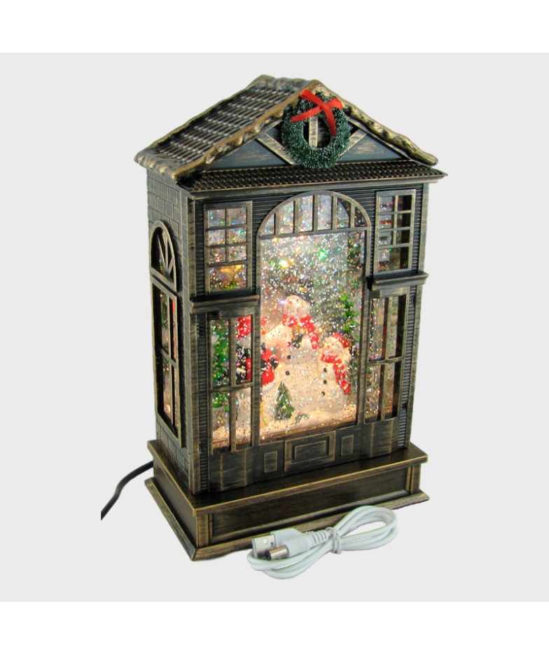 Новогодний фонарь  Домик в английском стиле (ели, Санта и дети) 