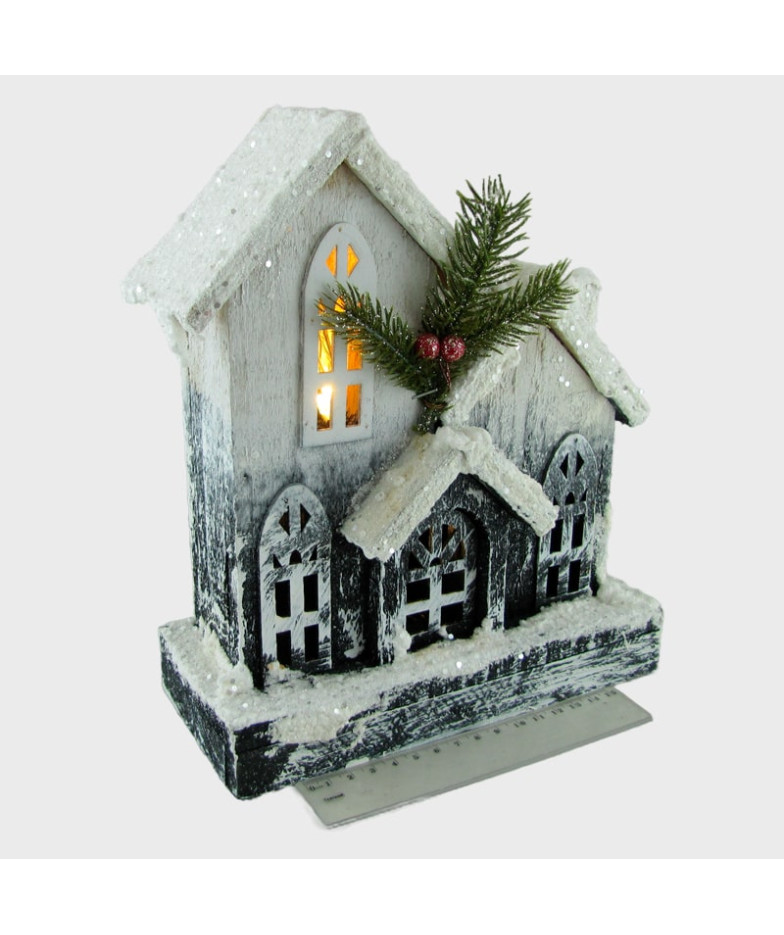 Новогодний  Домик серый с белым 4 окошка 70404