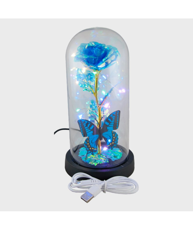 Светильник настольный светодиодный Роза с бабочкой синий 21 см 