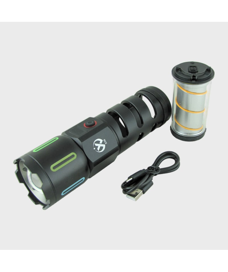 Фонарь светодиодный 538-TG (1 мощ.,+1 больш желт.., встроен. акк., шнур TYPE-C) с индикатором, zoom