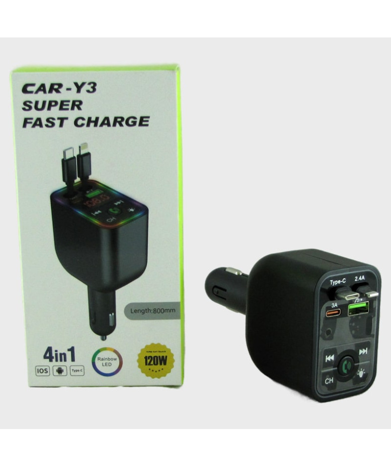 FM-трансмиттер CAR-Y3 (быстрая зарядка TYPE-C и LIGHTNING, громкая связь)