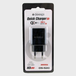 Сетевое зарядное устройство 5V 3,1A USB S-20 черный 3.0 быстрая зарядка блистер