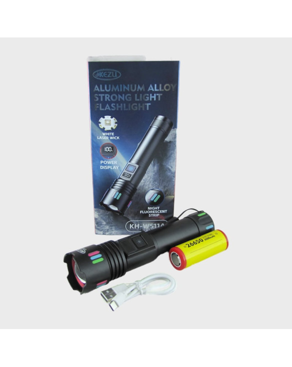 Фонарь светодиодный KH-W511A (1 мощ., акк.26650, шнур TYPE-C, вых.USB) с индикатором,  zoom