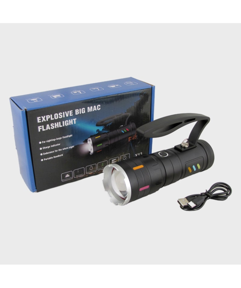 Фонарь светодиодный X-13-TG (1 мощ., мигалка красн., спайка 3*18650, шнур TYPE-C, вых.USB) с индикат