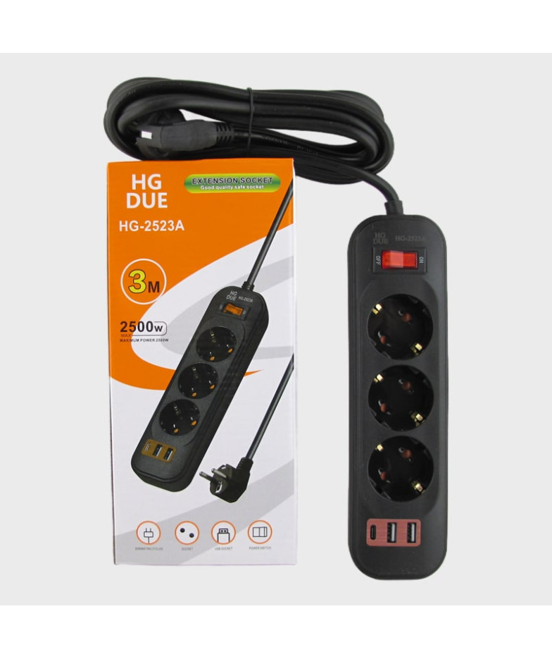 Сетевой удлинитель 3 роз.+ 2USB + TYPE-C HG-2523A 3м с выключателем 2500W