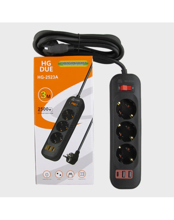Сетевой удлинитель 3 роз.+ 2USB + TYPE-C HG-2523A 3м с выключателем 2500W