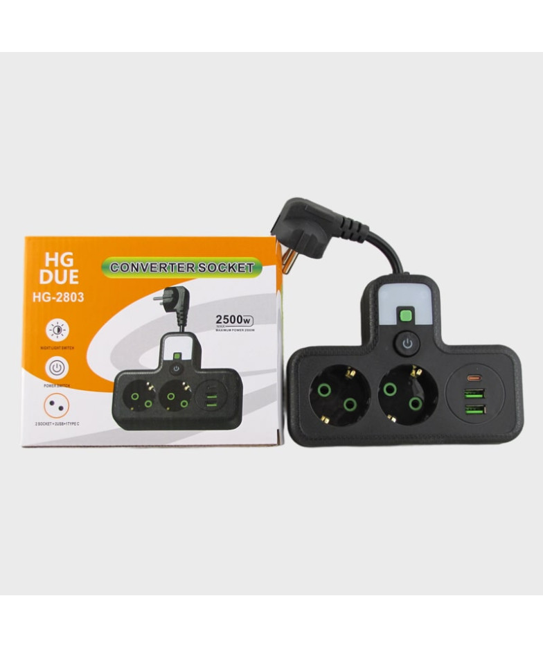 Сетевой удлинитель 3 роз.+ 2USB + TYPE-C HG-2803 с выключателем 2500W