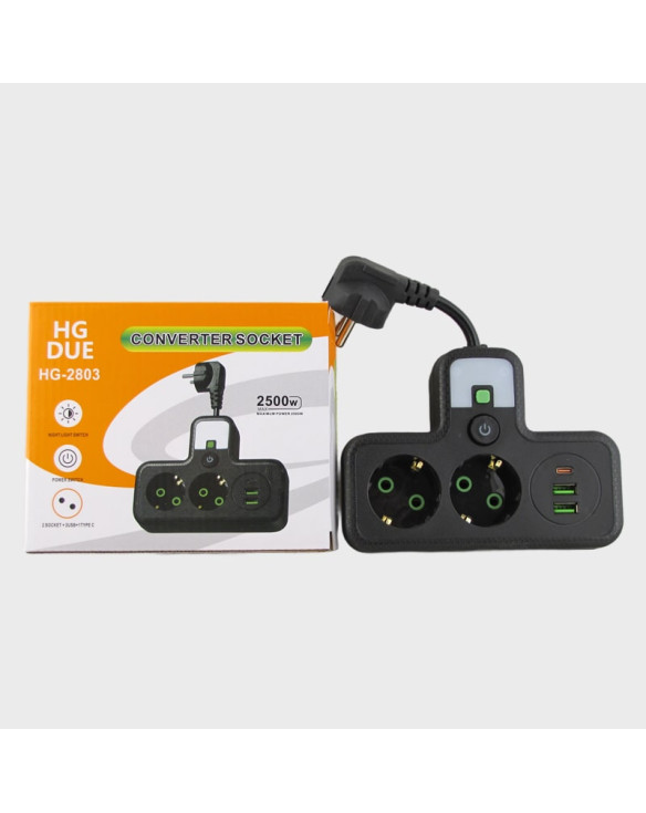 Сетевой удлинитель 3 роз.+ 2USB + TYPE-C HG-2803 с выключателем 2500W