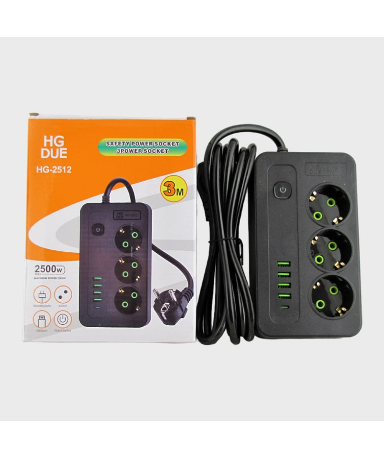 Сетевой удлинитель 3роз.+ 4USB + TYPE-C HG-2512 3м 2500W с выключателем