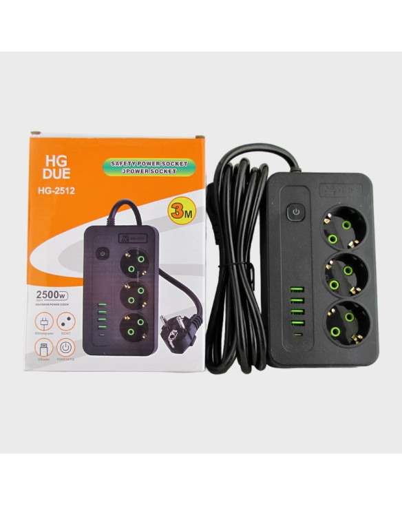 Сетевой удлинитель 3роз.+ 4USB + TYPE-C HG-2512 3м 2500W с выключателем