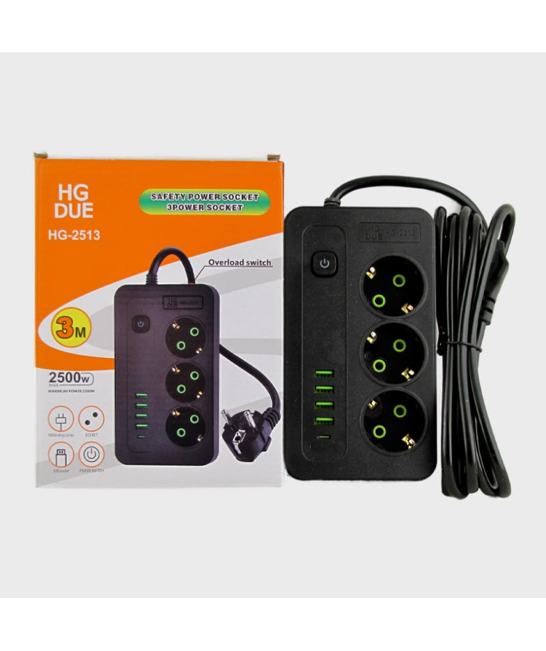 Сетевой удлинитель 3роз.+ 4USB + TYPE-C HG-2513 3м 2500W с выключателем