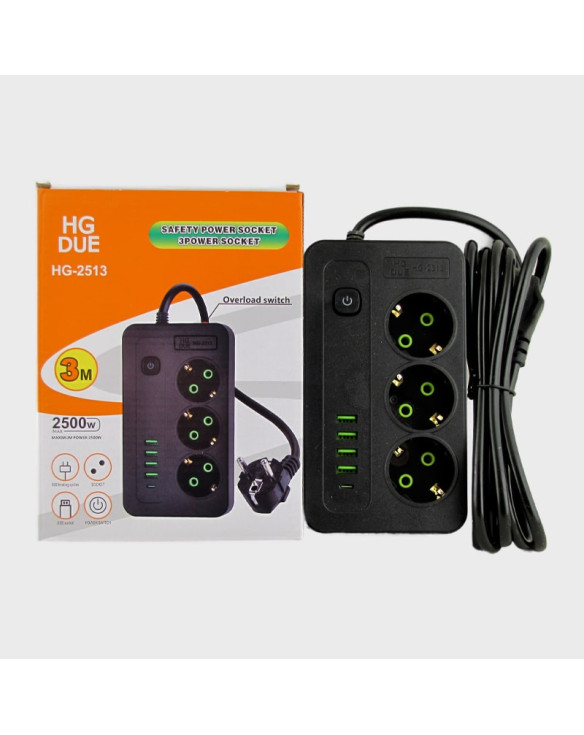 Сетевой удлинитель 3роз.+ 4USB + TYPE-C HG-2513 3м 2500W с выключателем