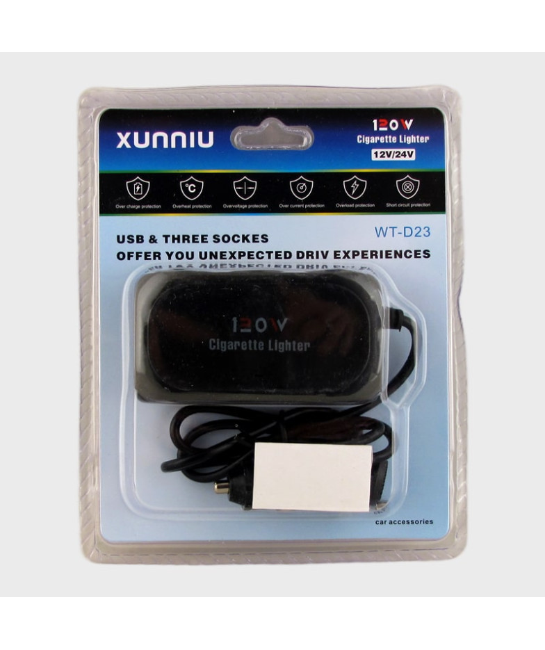 Разветвитель прикуривателя (3 вых.+2USB) WT-D23 авто