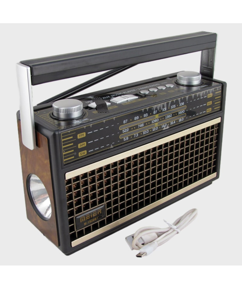 Радиприемник M-1926BT 3 band (FM/AM/SW) USB, TF, аккум.18650, шнур microUSB, с фонарем, Bluetooth