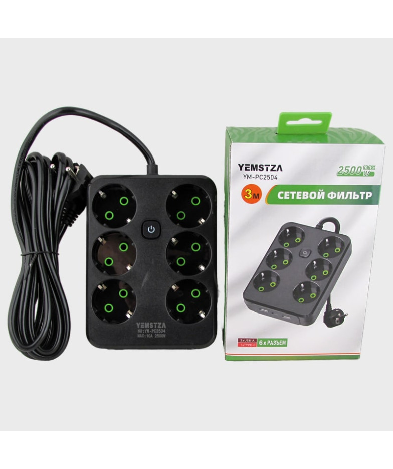 Сетевой удлинитель 6 роз.+ 2USB + TYPE-C YM-PC2504 3м 2500W с выключателем