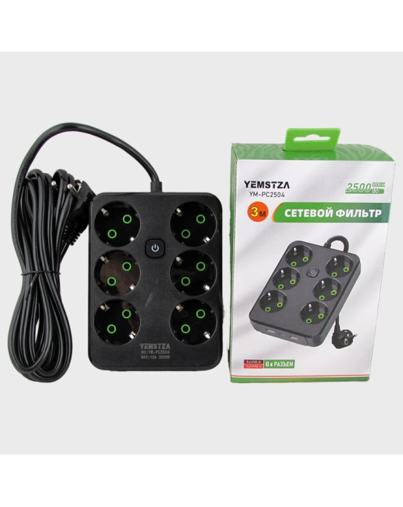Сетевой удлинитель 6 роз.+ 2USB + TYPE-C YM-PC2504 3м 2500W с выключателем