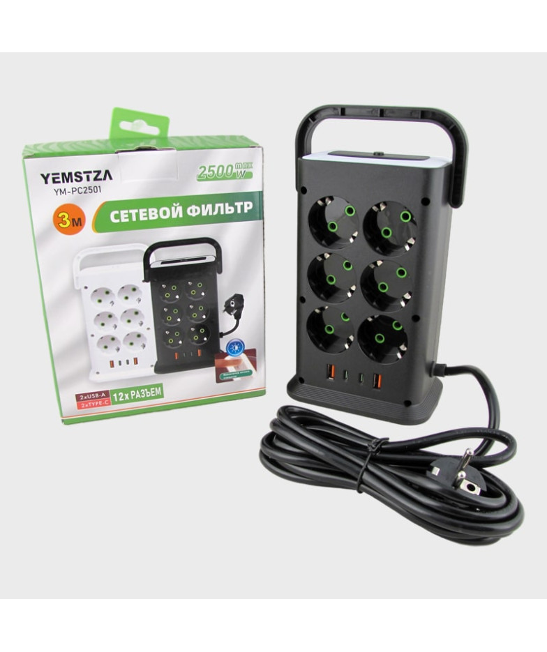 Сетевой удлинитель 12 роз.+ 2USB + 2TYPE-C YM-PC2501 3м 2500W с выключателем