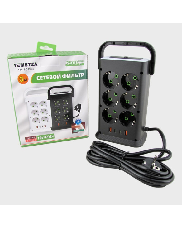 Сетевой удлинитель 12 роз.+ 2USB + 2TYPE-C YM-PC2501 3м 2500W с выключателем