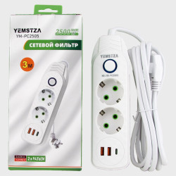Сетевой удлинитель 2 розетки + 2USB + TYPE-C YM-PC2505 3м 2500W с выключателем Сетевой удлинитель 2роз.+ 2USB + TYPE-C YM-PC2505 3м 2500W с выключателем