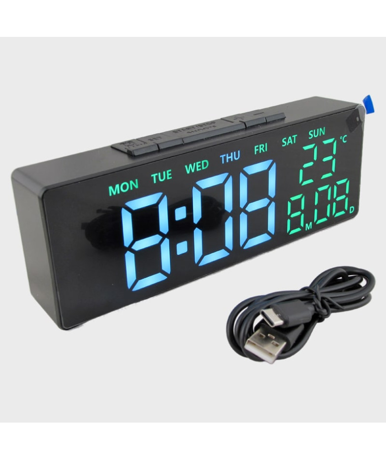 Часы-будильник электронные EC-6668 (белые + зеленые цифры), черный корпус, с температурой