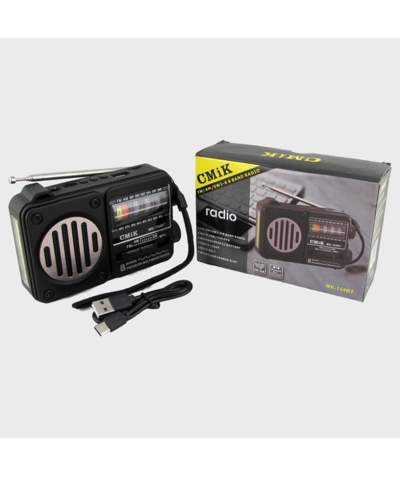 Радиоприёмник MK-154BT (FM,AM,SW1-6) аккум.18650, шнур TYPE-C, с фонарем, Bluetooth