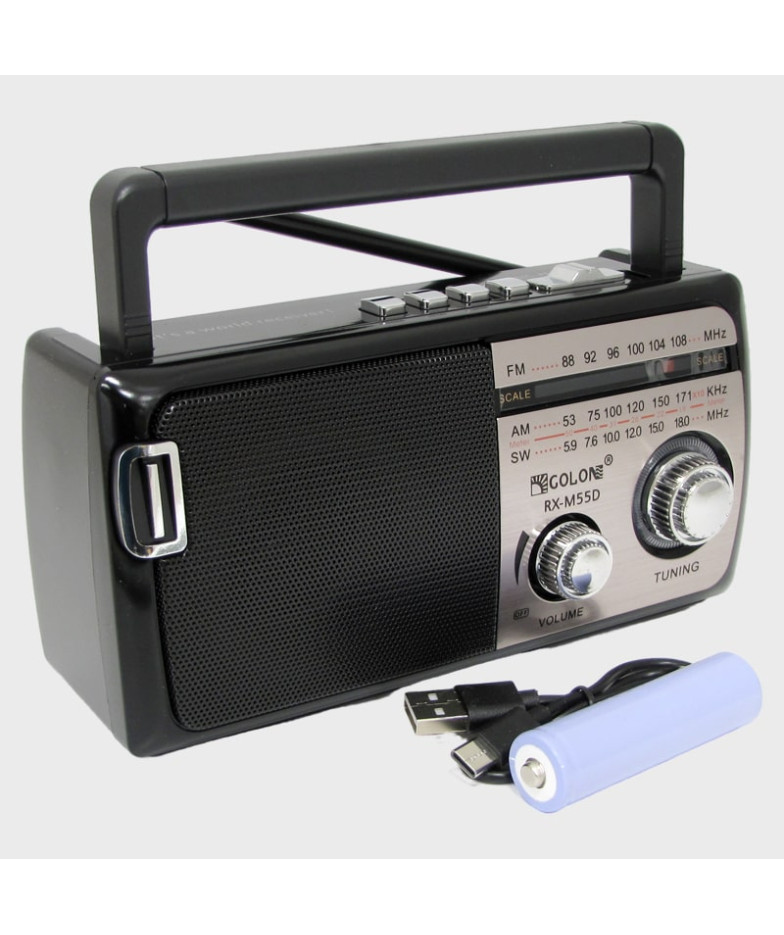 Радиоприёмник RX-M55D 3 band (FM/AM/SW1-2) акк.18650, шнур TYPE-C, с фонарем ??