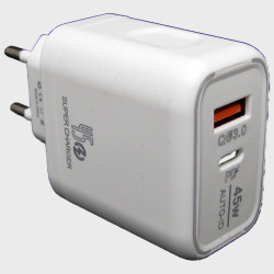 Сетевое зарядное устройство 5V 3A / 9V 2,4A / 12V 1,5A 1USB+PD 45W AR-PD33 белый 3,0 быстрая зарядка