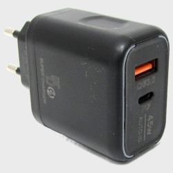 Сетевое зарядное устройство 5V 3A / 9V 2,4A / 12V 1,5A 1USB+PD 45W AR-PD33 черный 3,0 быстрая зарядк