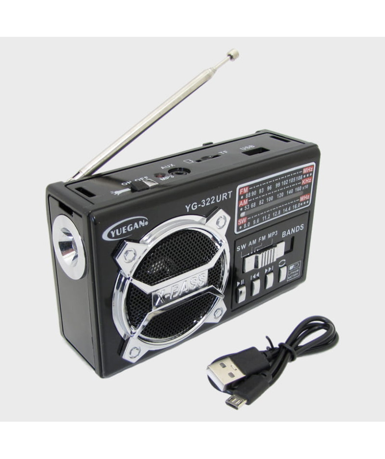 Радиоприёмник YG-322URT (FM/AM/SW) SD, USB встроенный аккумулятор, фонарь