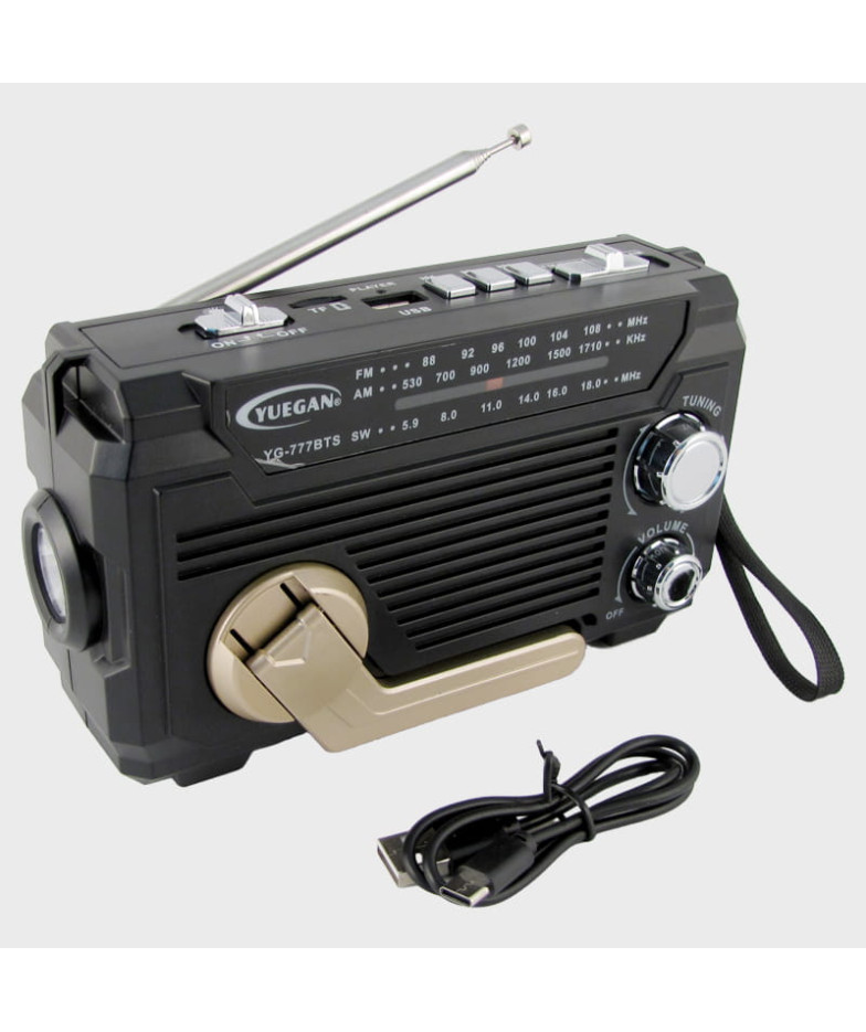 Радиоприёмник YG-777BTS 3 band , AUX, USB, TF, солнеч. бат., Bluetooth, POWER BANK, фонарь, динамо-зарядка, солнечная батарея